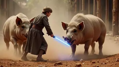 AI Video from prompt: Luke skywalker fighting pigs