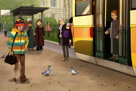 AI Video from prompt: Tram stop, daylight, bustling atmosphere. Pigeon