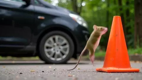 AI Video from prompt: The green mouse jumps onto the traffic cone, whi