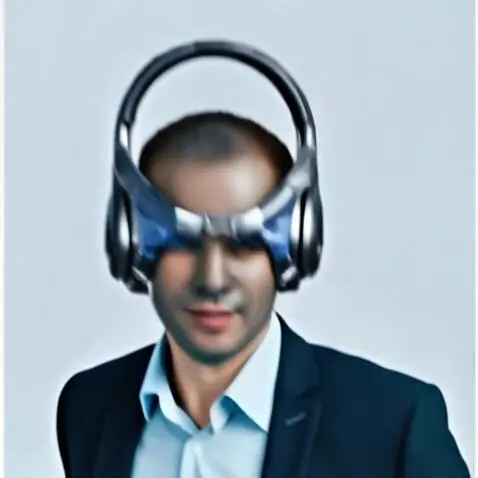 AI Video from prompt: A man puts a cyborg headset on his head. It inte
