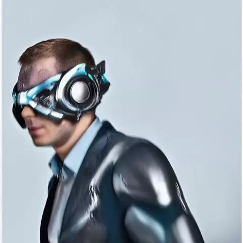 AI Video from prompt: A man puts a cyborg headset on his head. It inte