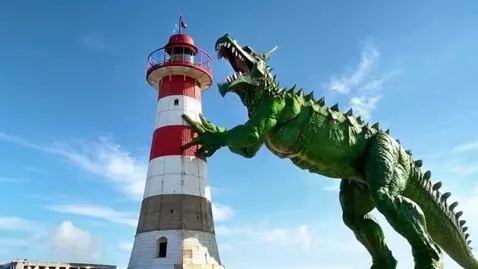 AI Video from prompt: Godzilla climbing up the Montauk lighthouse