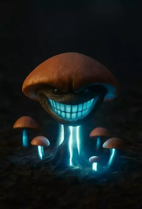 AI Video from prompt: as the mycelium blooms a grin the bioluminescenc