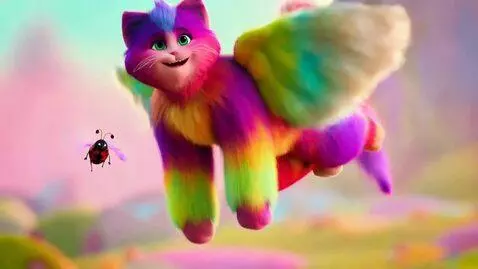 AI Video from prompt: A cat like creature with fuzzy fur tye dye color