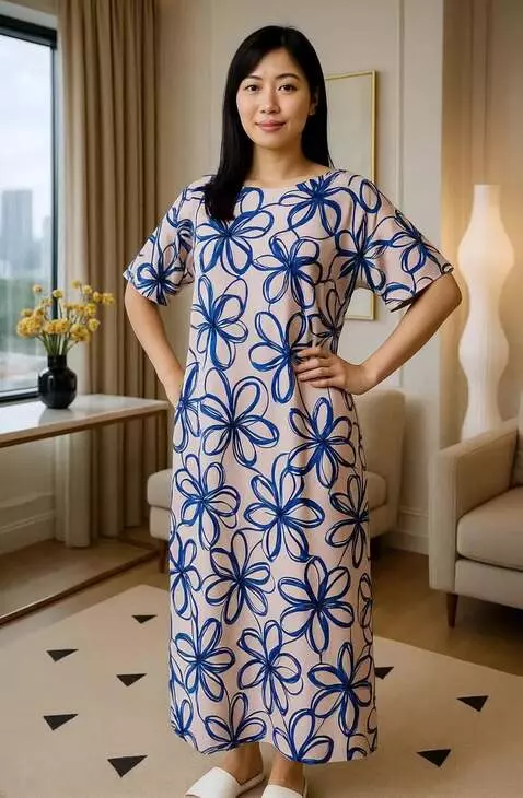 AI Video from prompt: A graceful woman stands in a tastefully decorate
