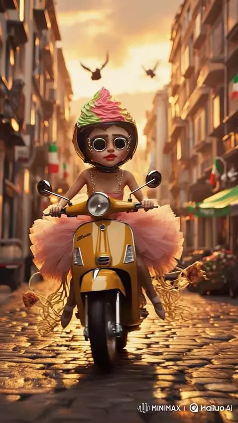 AI Video from prompt: A 3D ballerina with a giant gelato helmet and sp