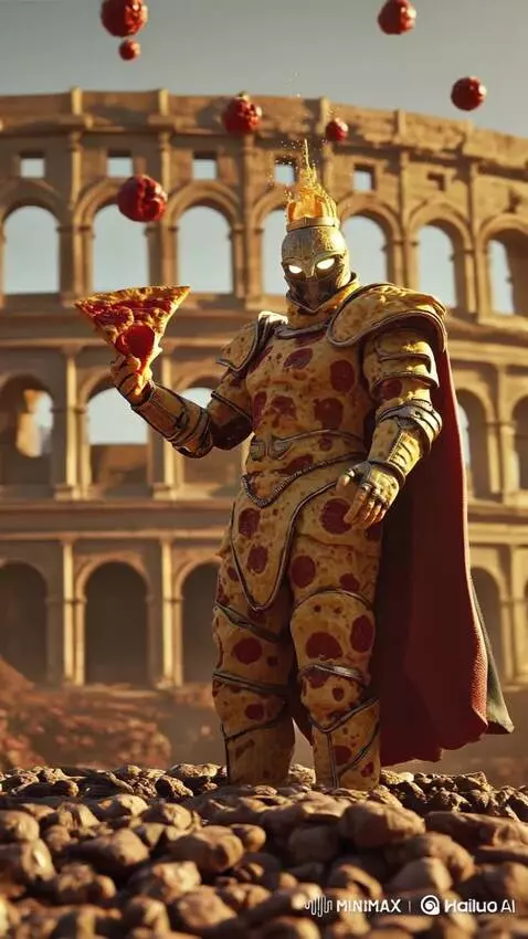 AI Video from prompt: Slow-motion shot of a pizza paladin in mozzarell