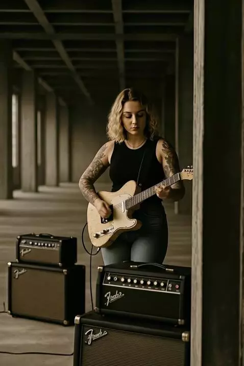 AI Video from prompt: The girl plays the electric guitar, the camera m