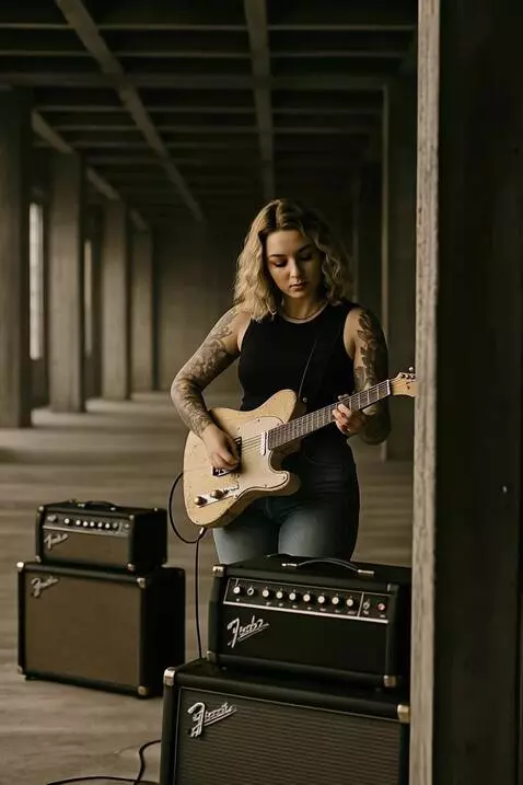 AI Video from prompt: The girl plays the electric guitar, the camera m