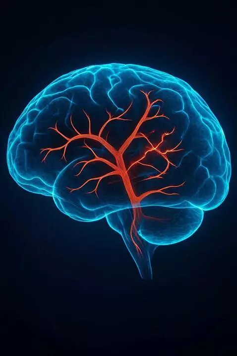 AI Video from prompt: Glowing blue holographic human brain. Red blood 