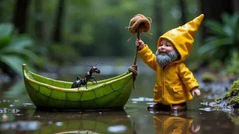 AI Video from prompt: A gnome in a raincoat pulls a leaf-covered boat 