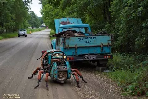 AI Video from prompt: A big Old Electro-mechanical bug robot crawls al