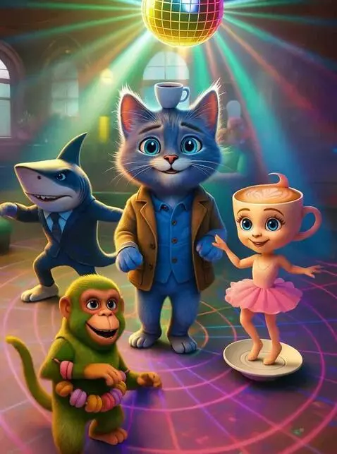 AI Video from prompt: Dancefloor scene in the same café, now transform