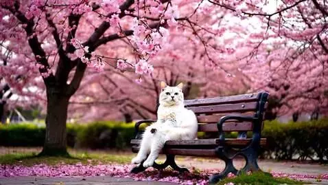AI Video from prompt: A white-furred cat, Aria, sits on a wooden park 
