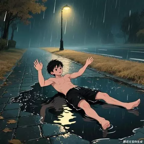 AI Video from prompt: the rain is heavy, and the boy touch and scratch