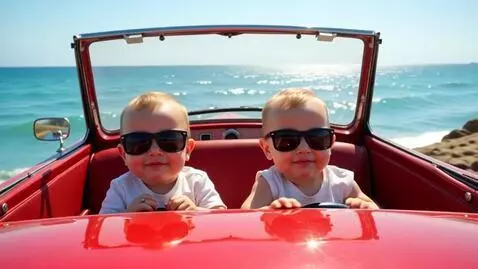 AI Video from prompt: Two baby with sunglasses riding a car with a smu