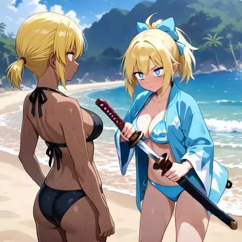 AI Video from prompt: The two girls raise japanese katana swords held 