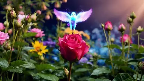 AI Video from prompt: A tiny phoenix flashes its wings on a rose flowe