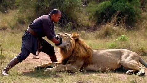 AI Video from prompt: An African warrior fighting a giant vicious lion