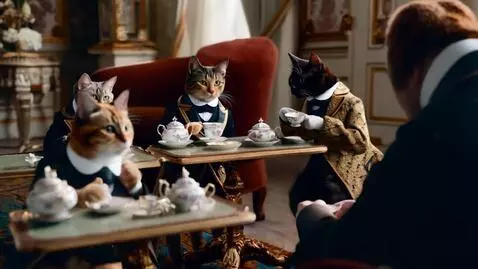 AI Video from prompt: Majestic elegant cats wearing dapper clothes hav