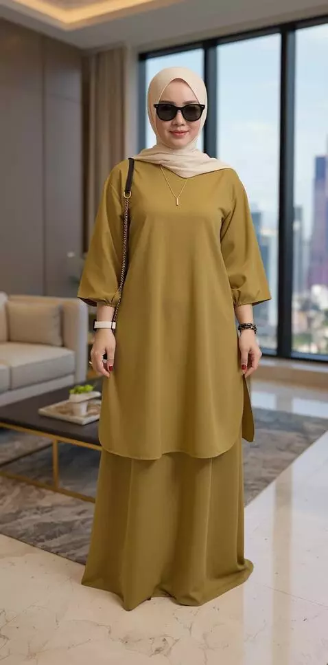 AI Video from prompt: A stylish young woman wearing a mustard-colored 