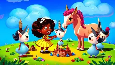 AI Video from prompt: Little girl plays with elves and unicorn in cart