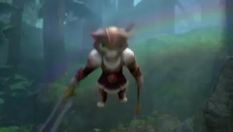 AI Video from prompt: A magical warrior cat with glowing eyes leaps in