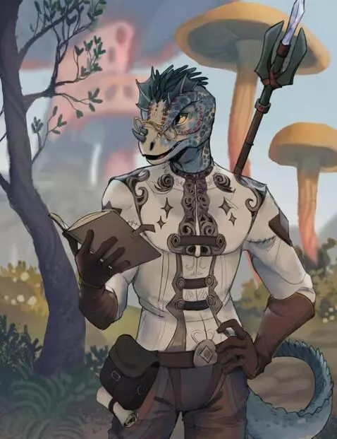 AI Video from prompt: Argonian lizard Warrior mage studying has book c