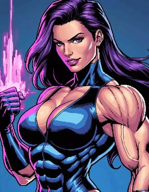 AI Video from prompt: Psylocke X-Men, bodybuilder muscles, massive str