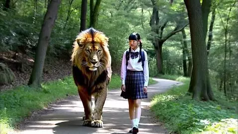 AI Video from prompt: A school girl from school escorted by a lion
