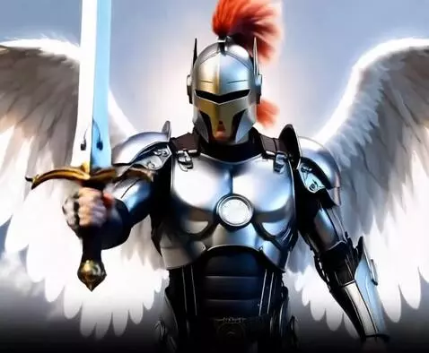 AI Video from prompt: Have the angel swing the sword and fly away into
