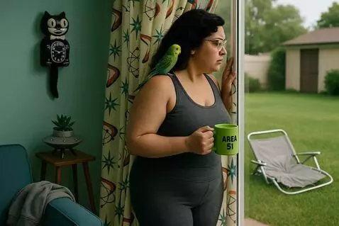 AI Video from prompt: Woman looks curiously at gray lawn chair.