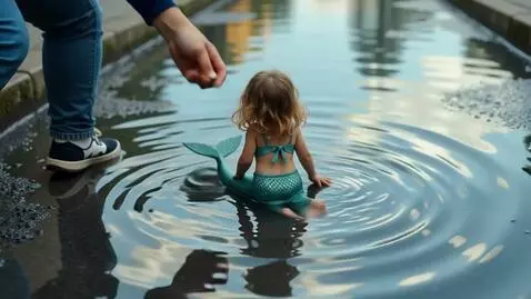 AI Video from prompt: A miniature mermaid swims in a city puddle amids