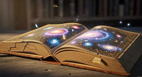 AI Video from prompt: "Ancient leather-bound grimoire with cosmic univ