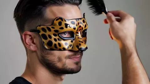 AI Video from prompt: handsome man wears leopard mask, brushing his ha