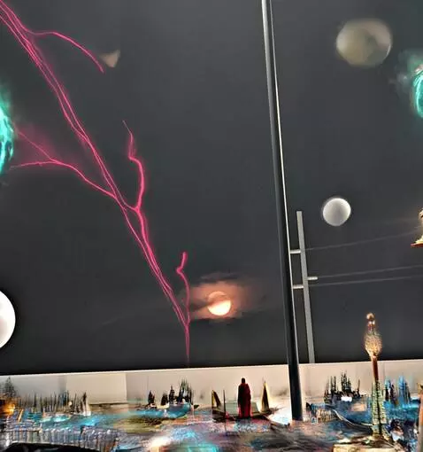 AI Video from prompt: Center gradients to right: starry voids, curving