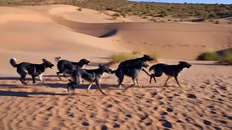 AI Video from prompt: Cinci câini vizsla,reali ,aleargă  printre dune 