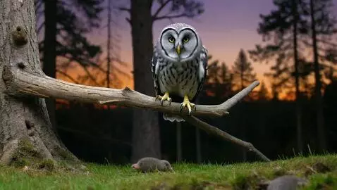 AI Video from prompt: Лес, сумерки. Сова сидит на дереве. По земле беж