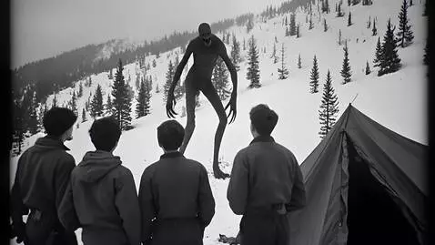 AI Video from prompt: A group of Soviet climbing students watches in h