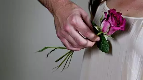 AI Video from prompt: Only the man’s hand, holding a closed rose, is v