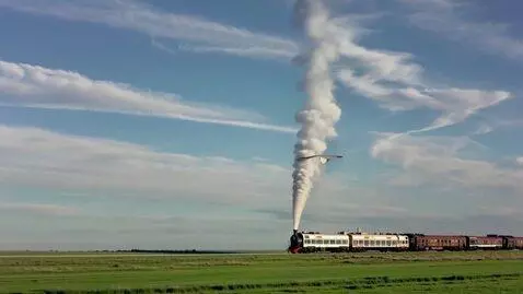 AI Video from prompt: Endless steppe. A train crosses space - the chim
