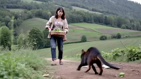 AI Video from prompt: A farmer coming back from the farm and meet cat 