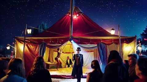 AI Video from prompt: A realistic cat-human circus tent stands illumin