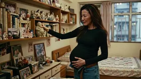 AI Video from prompt: A very full Chinese woman adjust a statue on a s