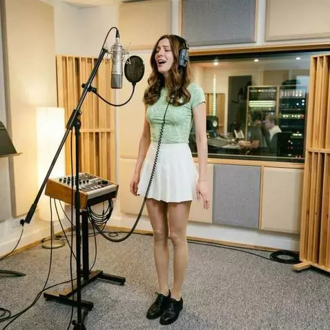 AI Video from prompt: A woman with headphones is singing. The camera r