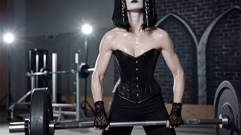 AI Video from prompt: A gothic muscle Woman. Lifting 250 pounds.