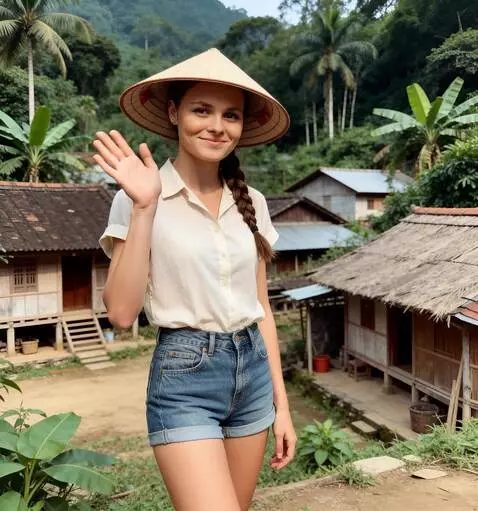 AI Video from prompt: the girl waves her hand in greeting. then she pu