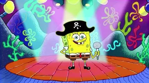 AI Video from prompt: SpongeBob with a pirate hat holds the microphone