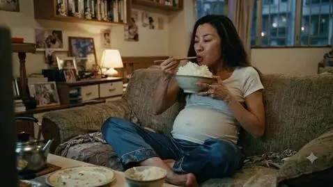 AI Video from prompt: A very stuffed Chinese woman is eating rice and 