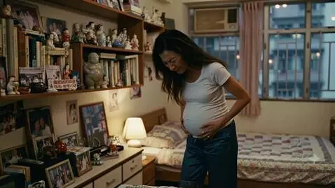 AI Video from prompt: A very full Chinese woman rubs her belly in her 